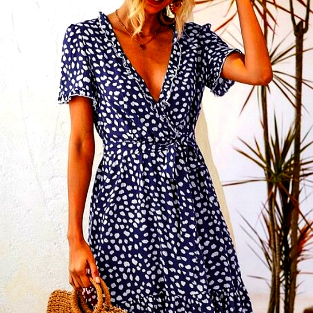 Cenia New York coctail blue white polka dot wrap midi dress short sleeves size6